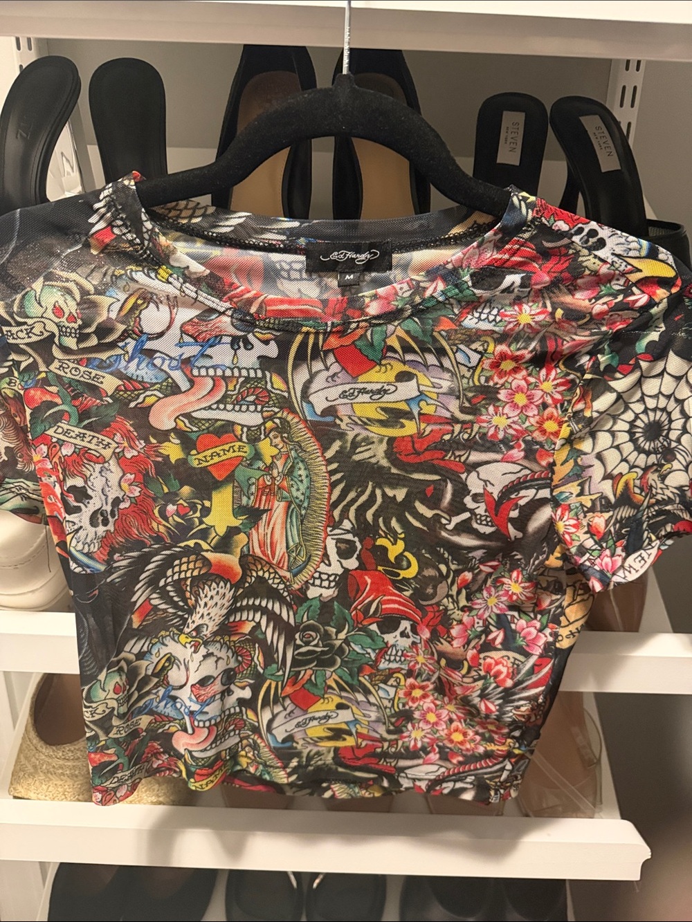 Ed Hardy All Over Flash Print Mesh Baby Tee – Y2K Tattoo Art Sheer Crop Top sz M